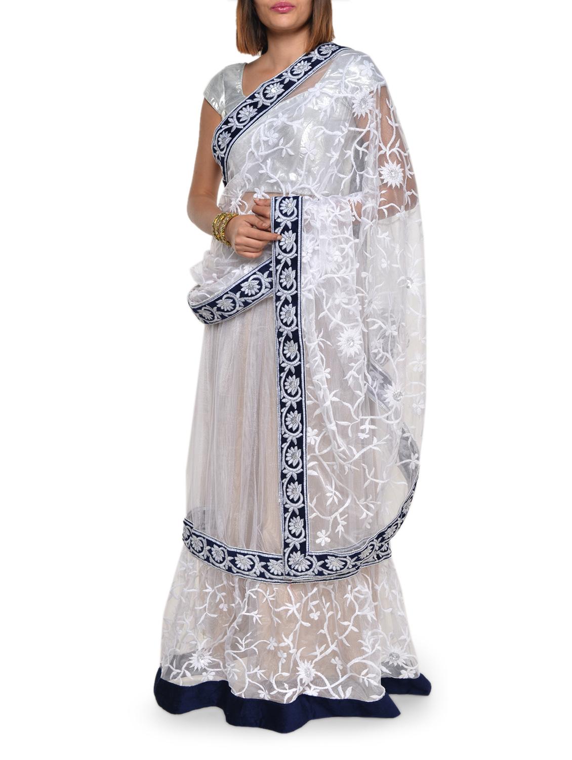 Floral Embroidered White Net Lehenga Saree - Aggarwal Sarees