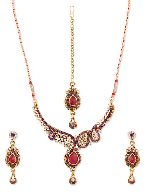 Pink And Blue Stone-studded Necklace, Earrings And Maangtika Set - Vendee Fashion