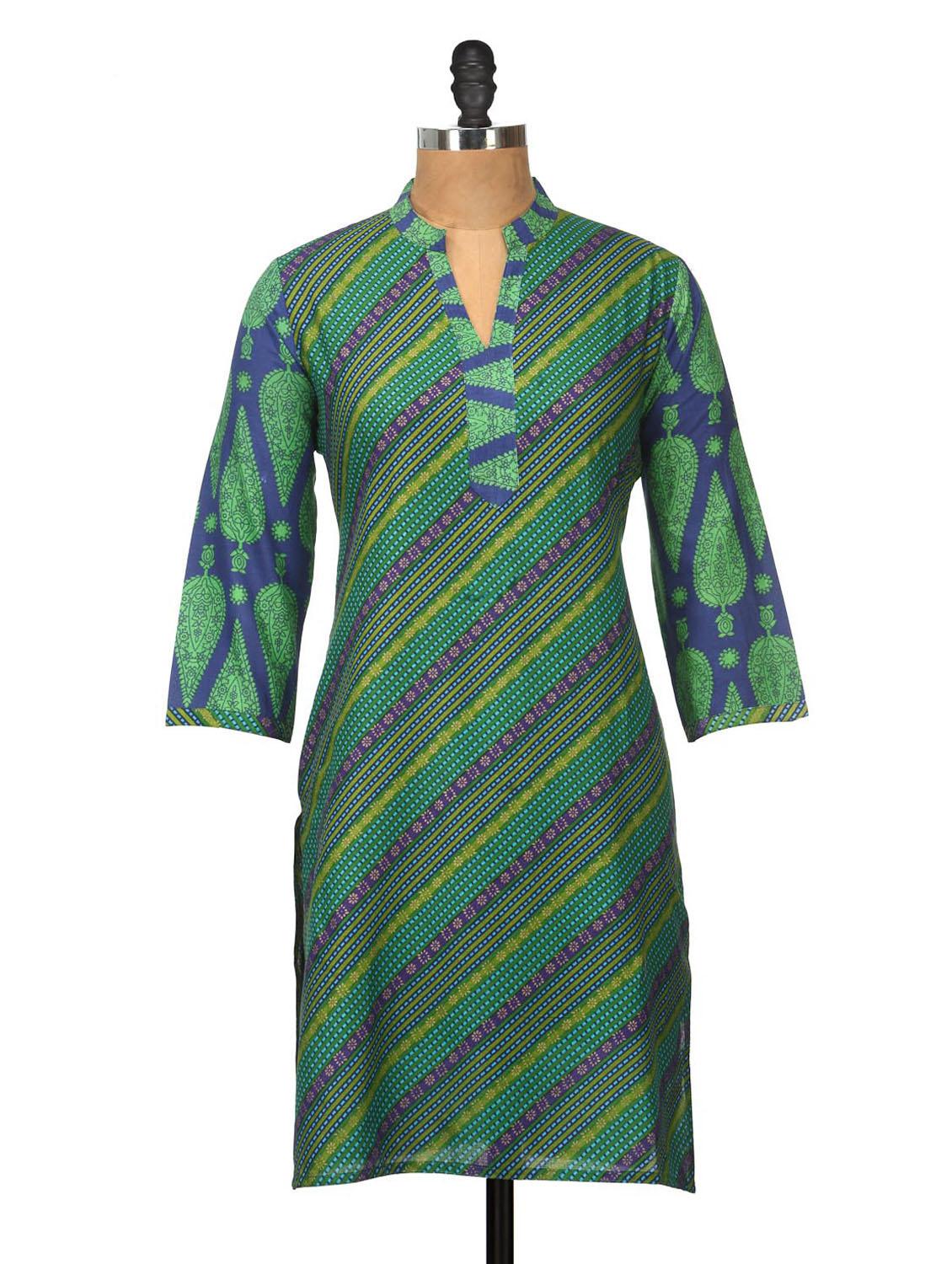 Blue And Green Striped Kurti - Jaipurkurti.com