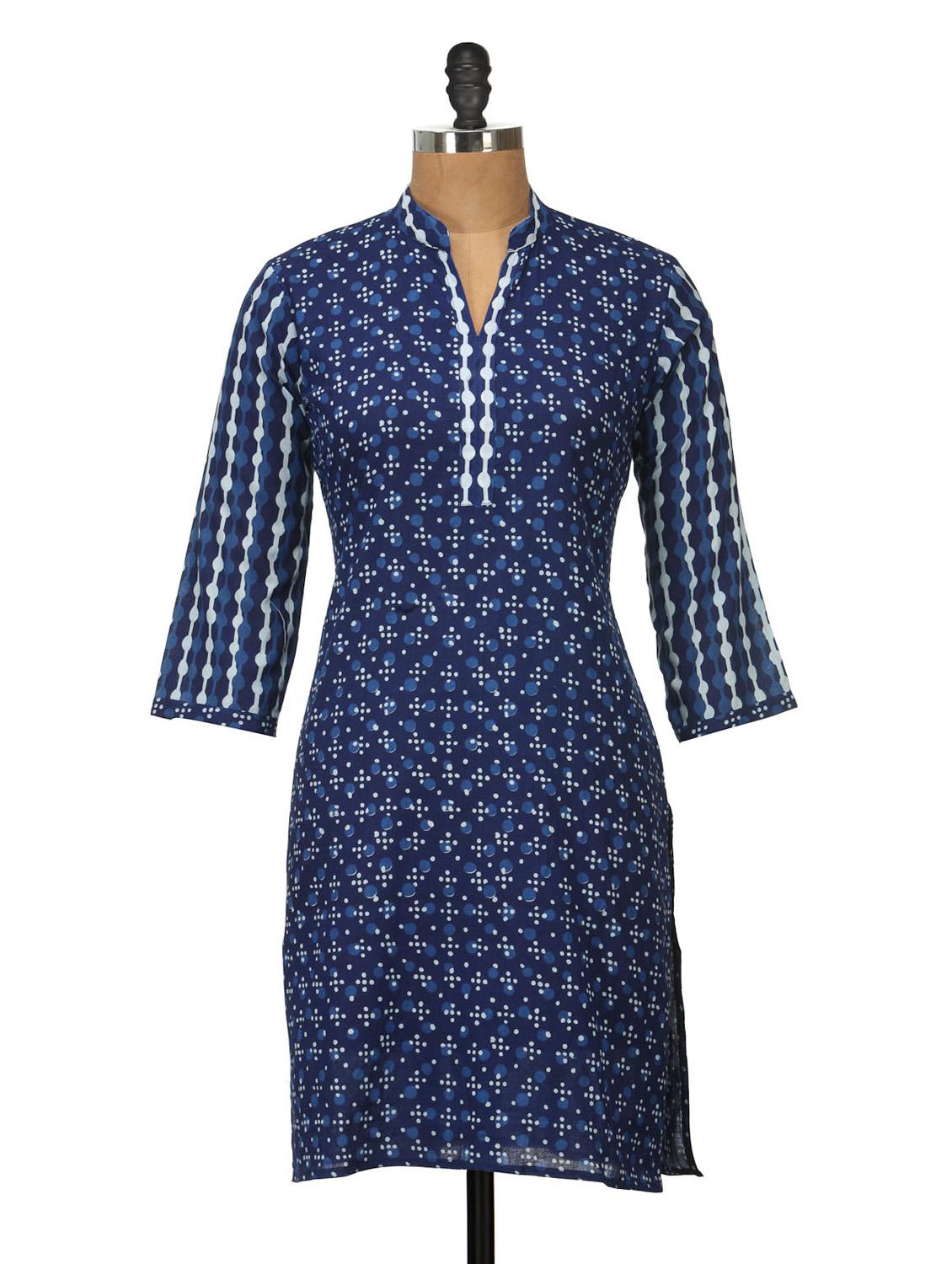 Navy Blue And White Printed Cotton Kurti - Jaipurkurti.com