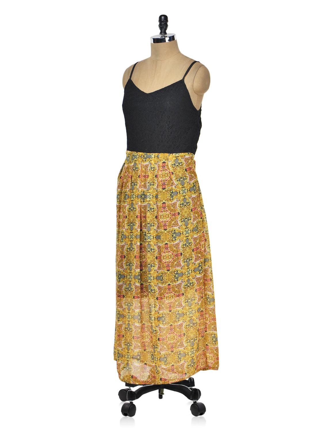mustard printed dress with black lace yoke - 950278 - Zoom Image - 2