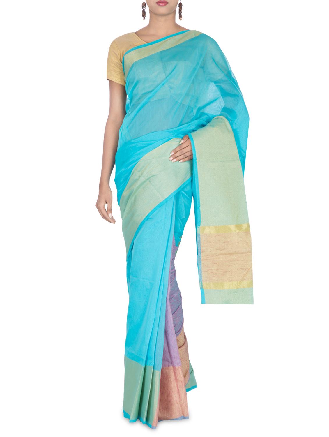 Blue Cotton And Art Silk Zari Worked Saree - By