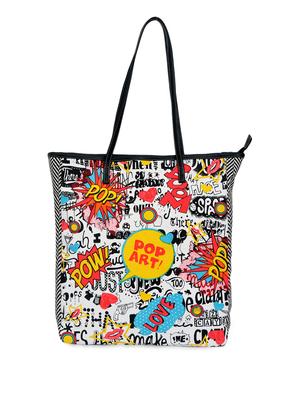 white printed canvas shopping bag with leatherette strap - 9543470 - Standard Image - 2