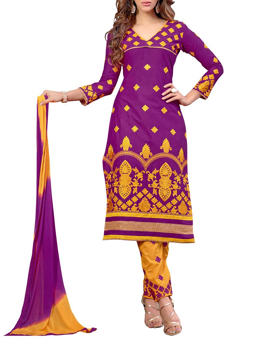 Purple Cambric Cotton Embroidered Salwar Suit Set - By