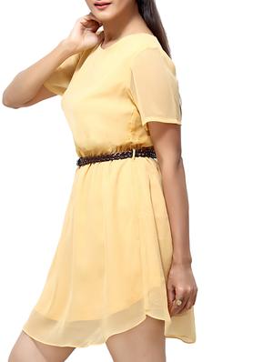 Beige Georgette Short Sleeves Belted Dress - 9548289 - Standard Image - 2