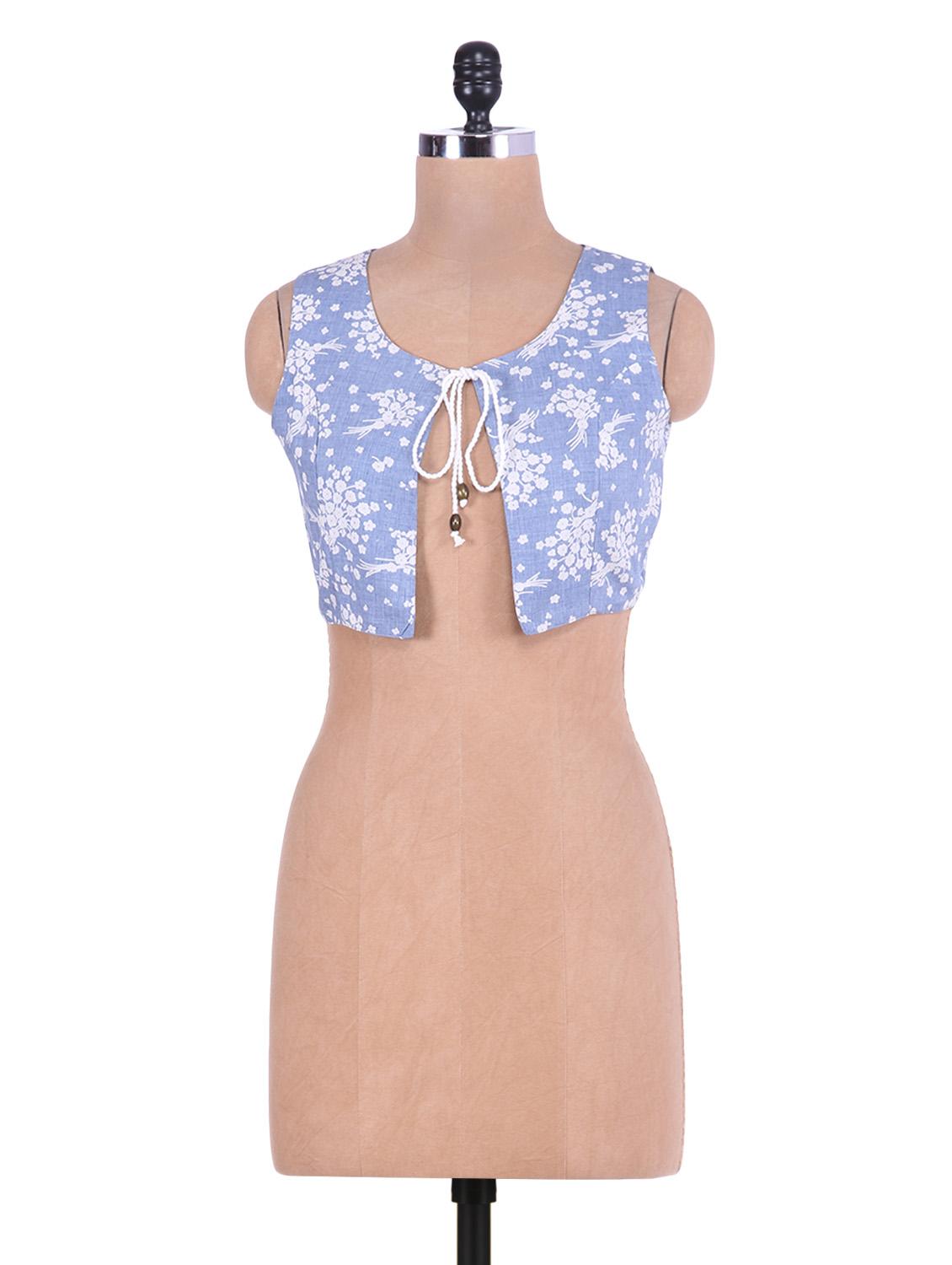 Light Blue Floral Printed Cotton Sleeveless Shrug - By