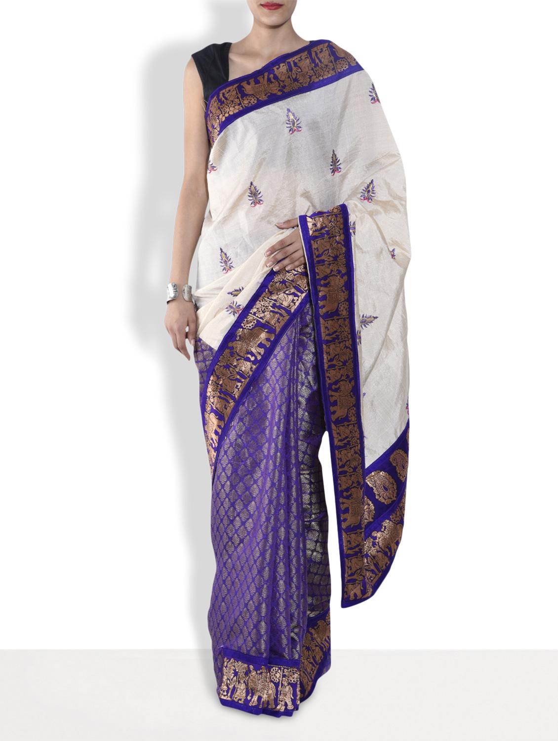 Purple Embroidered Half And Half Silk Saree - By