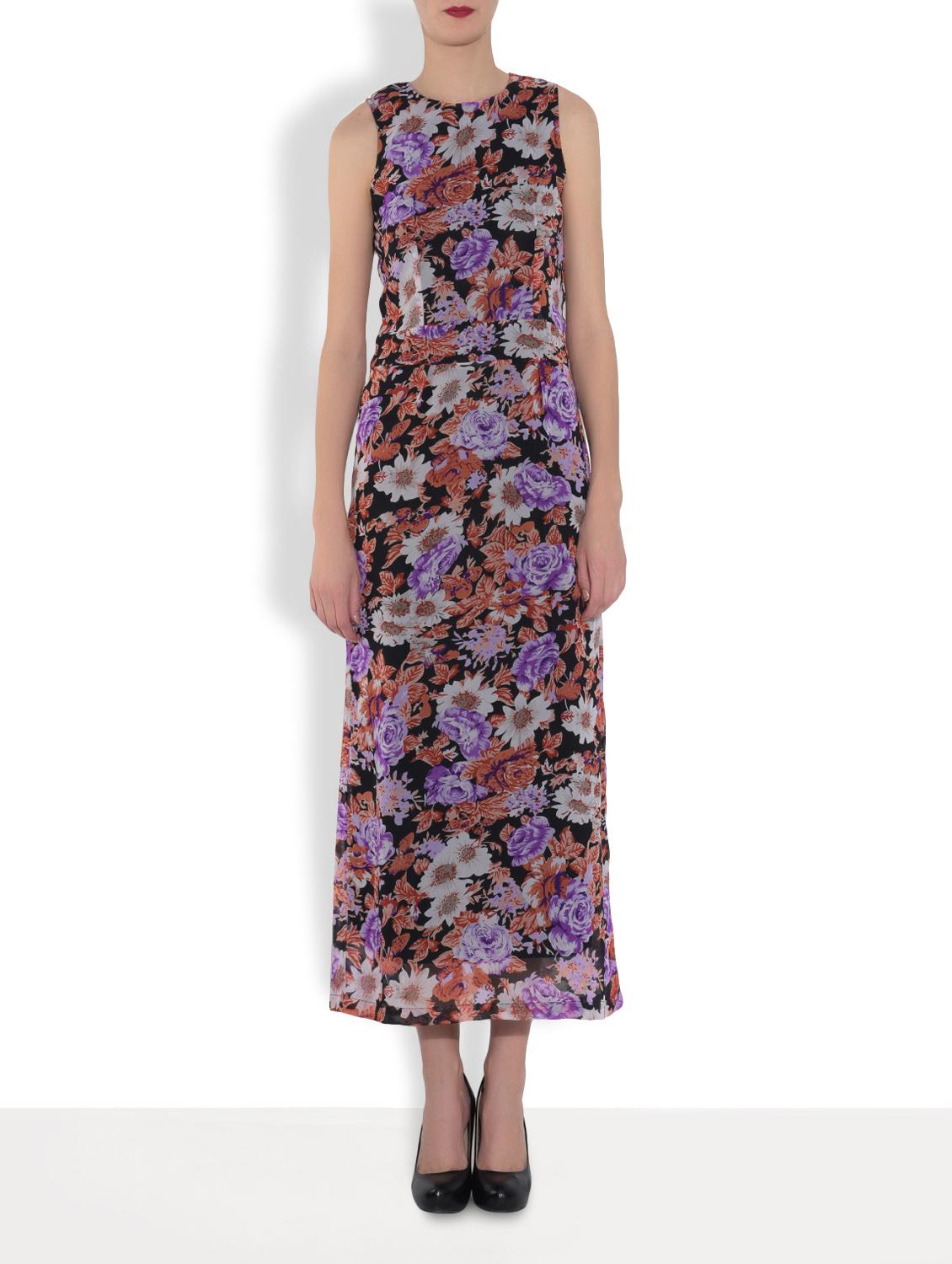 Black Polyester Floral Printed Sleeveless Maxi Dress - By
