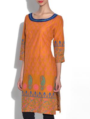 orange cotton straight kurta - 9553519 - Standard Image - 2