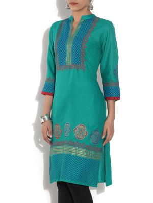 green Cotton Straight Kurta - 9553525 - Standard Image - 2