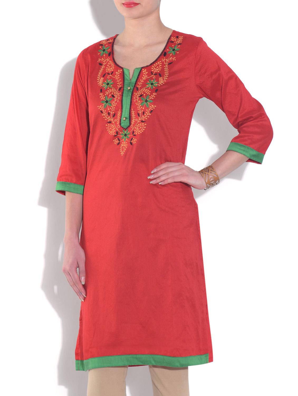 red Cotton Straight Kurta - 9560561 - Zoom Image - 2