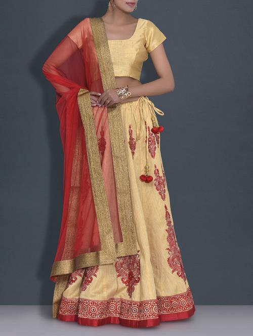 beige embroidered khadi silk lehenga set - 9589905 - Very Small Image - 1