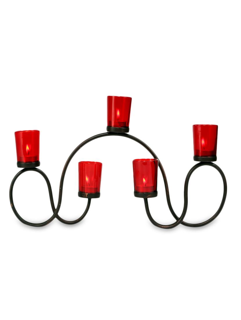 Brown Iron And Glass Tea Light Holders With Red Glass - By - 9592125
