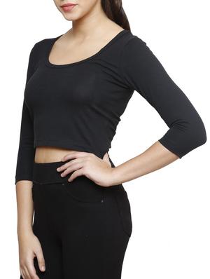 Solid Black Cotton Lycra Crop Top - 9592231 - Standard Image - 2