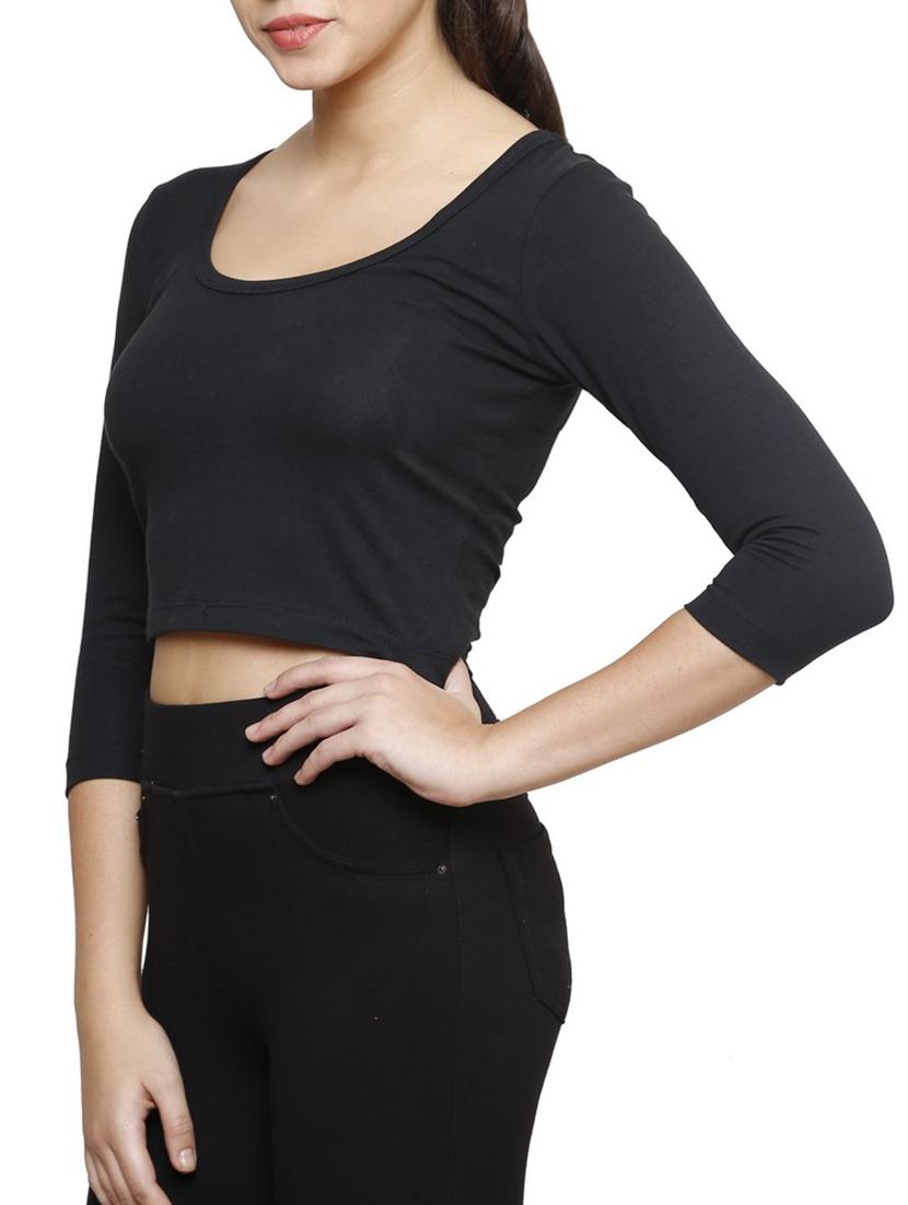 Solid Black Cotton Lycra Crop Top - 9592231 - Zoom Image - 2