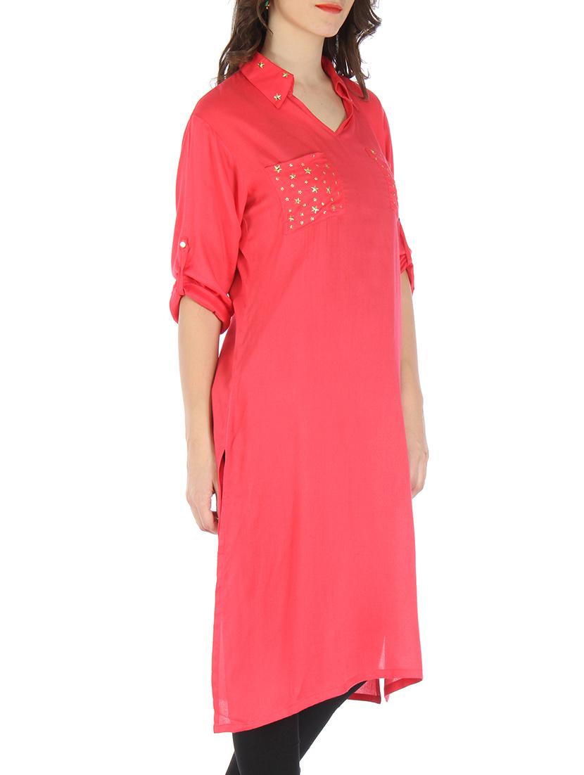 pink embellished rayon kurti - 9595800 - Zoom Image - 2