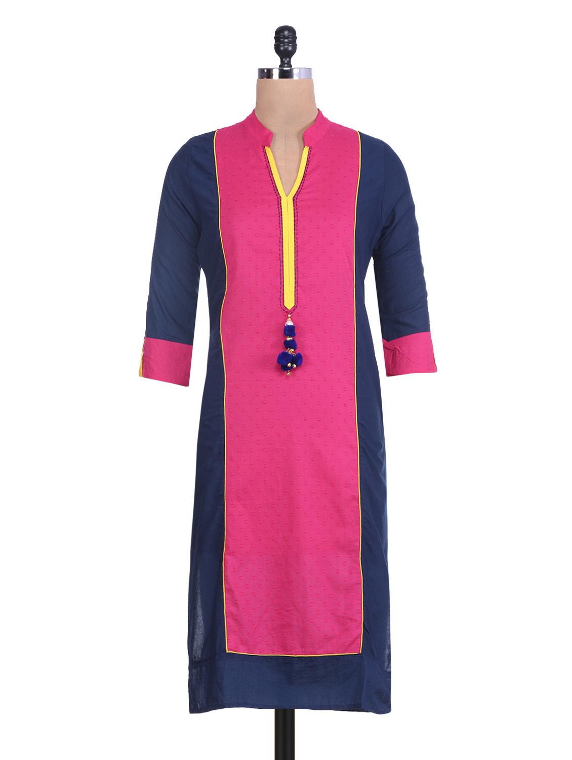Navy Blue And Pink Printed Cotton Kurta - By