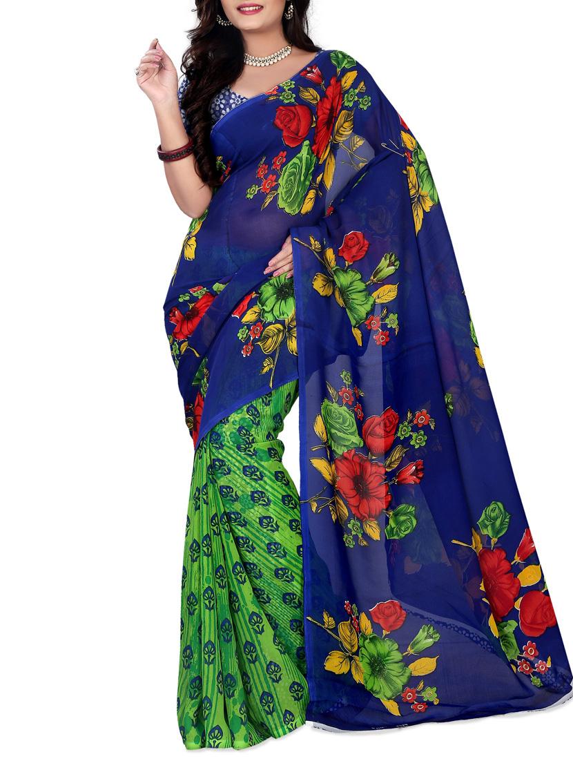 Blue & Green Faux Georgette Printed Saree - By