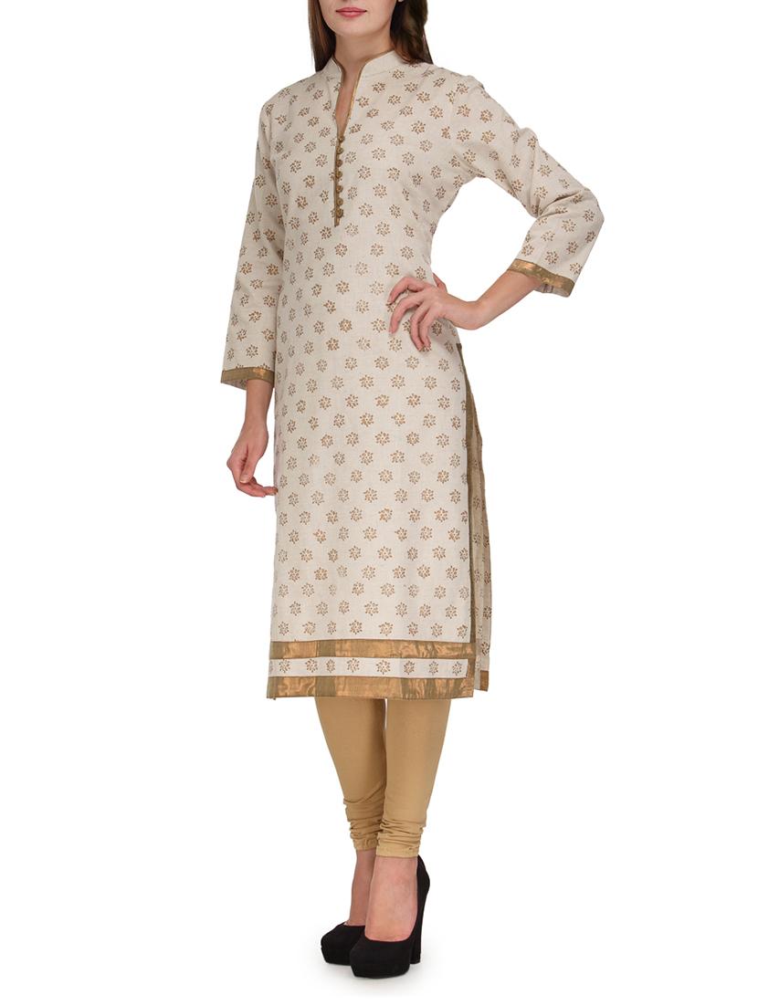cream printed full sleeved cotton kurta - 9608566 - Zoom Image - 2