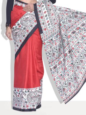 red and black silk madhubani saree - 9613960 - Standard Image - 2