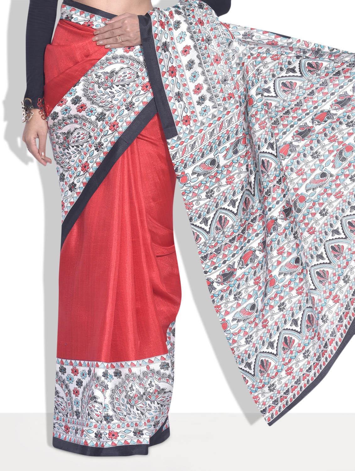 red and black silk madhubani saree - 9613960 - Zoom Image - 2