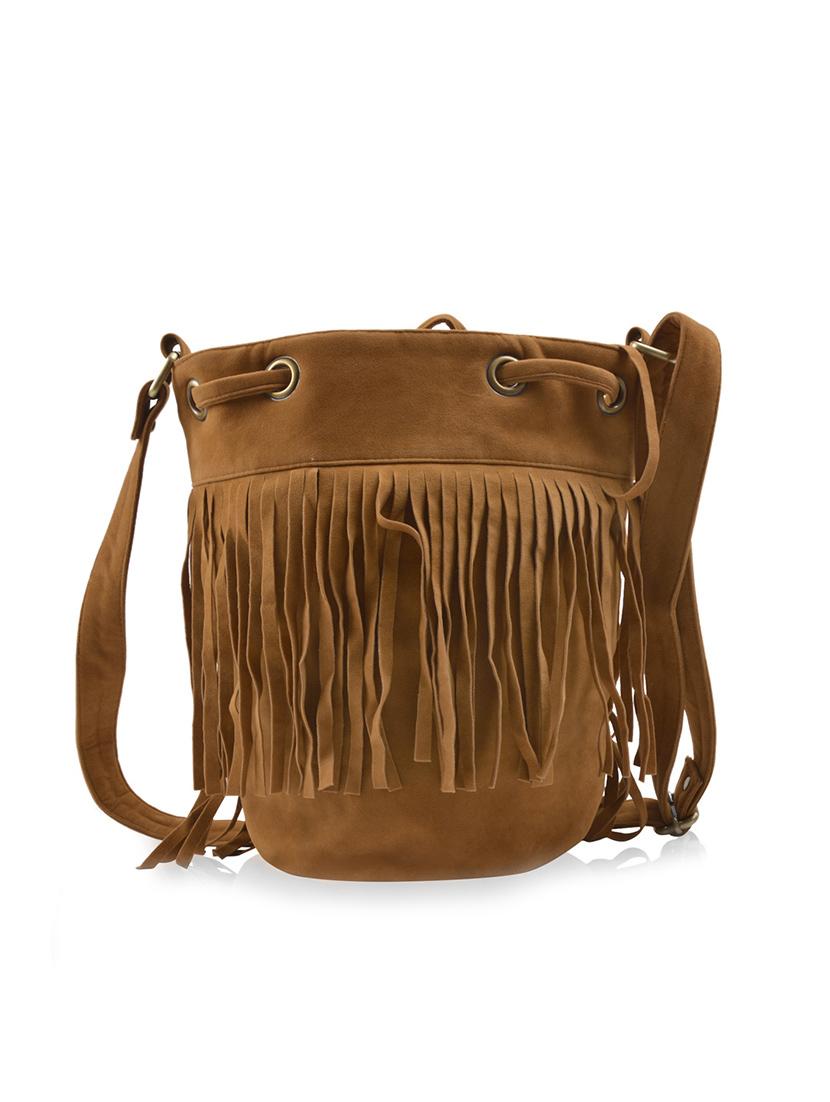 brown fringed beads embellished faux suede sling bag - 9633415 - Zoom Image - 2