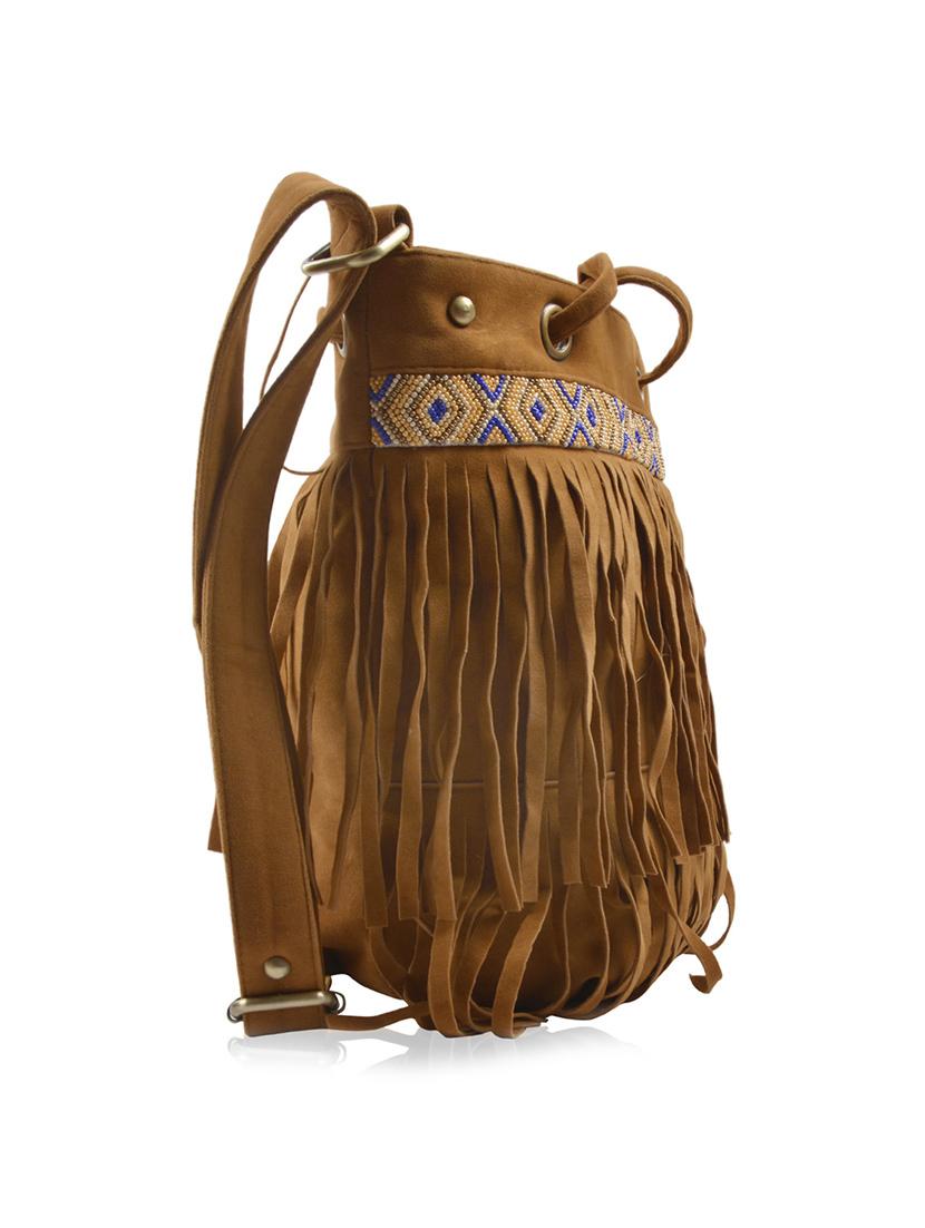 brown fringed beads embellished faux suede sling bag - 9633415 - Zoom Image - 5
