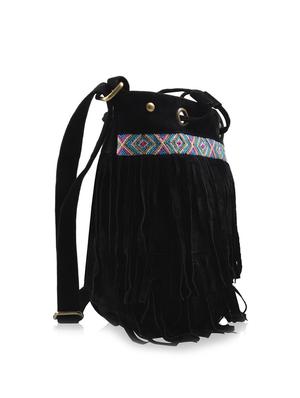black fringed beads embellished faux suede sling bag - 9633416 - Standard Image - 5