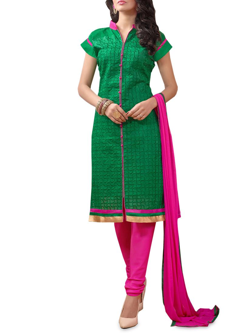 Green And Pink Embroidered Unstitched Suit Set - By