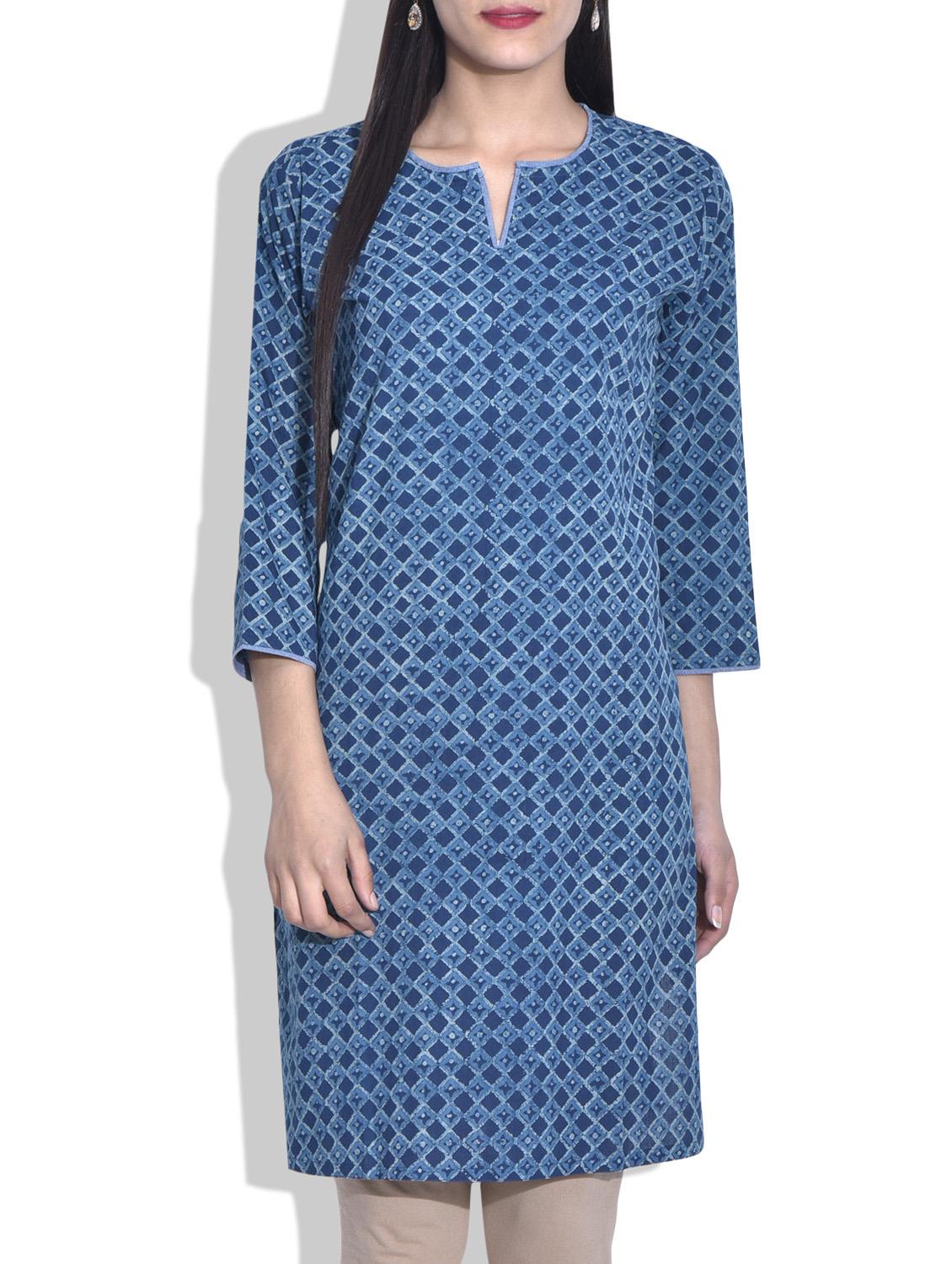 Navy Blue Hand Block Printed Cotton Kurta - By