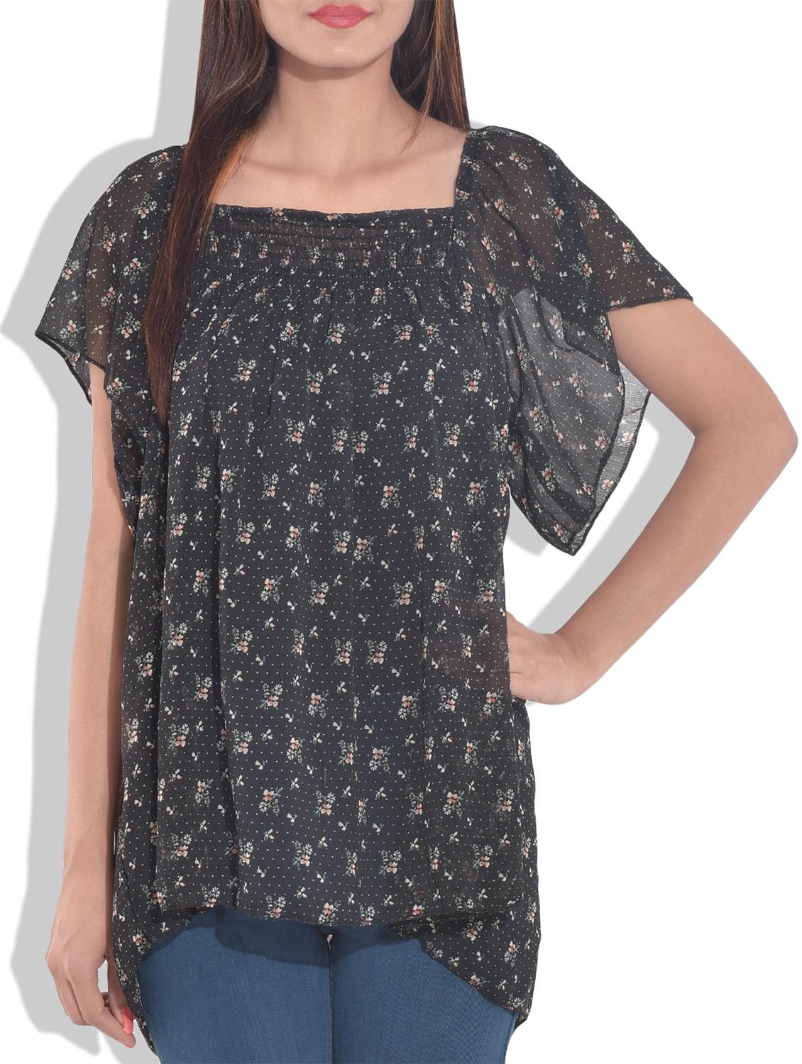Black Printed Gathered Top - By