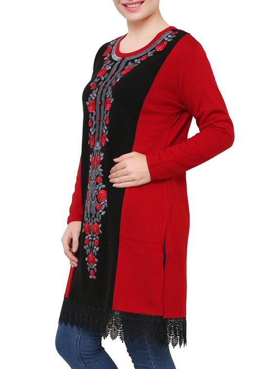 red & black acrylic woolen kurta - 9646059 - Zoom Image - 2