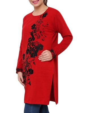 red floral embroidered acrylic woolen kurta - 9646070 - Standard Image - 2