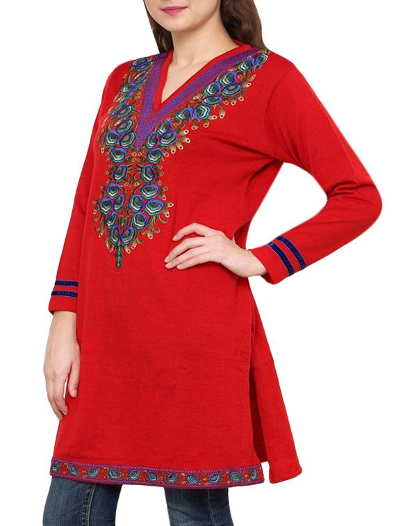 red embroidered full sleeved acrylic woolen kurta - 9646077 - Zoom Image - 2