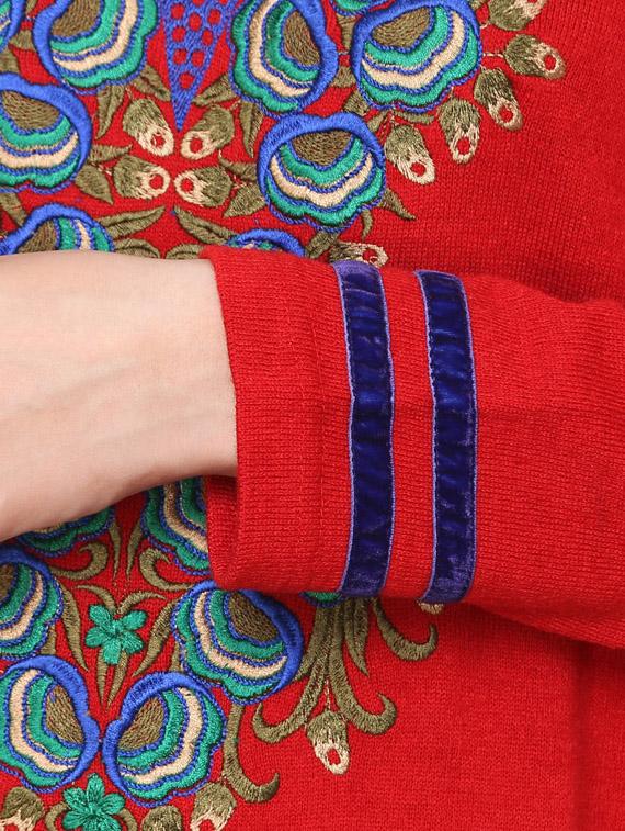 red embroidered full sleeved acrylic woolen kurta - 9646077 - Zoom Image - 5