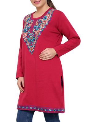 red embroidered full sleeved acrylic woolen kurta - 9646082 - Standard Image - 2