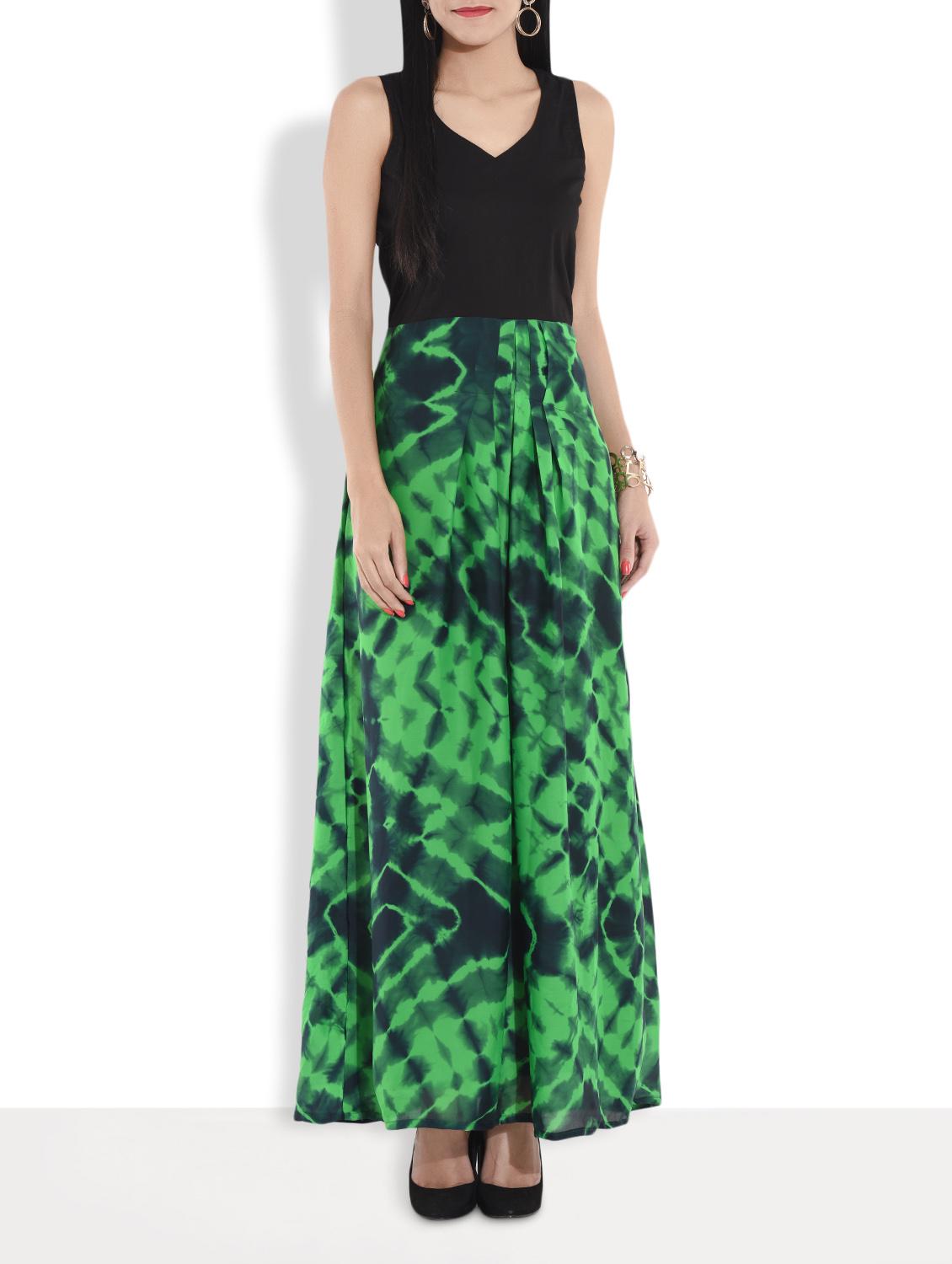 Black And Green Printed Sleeveless Maxi Dress - By