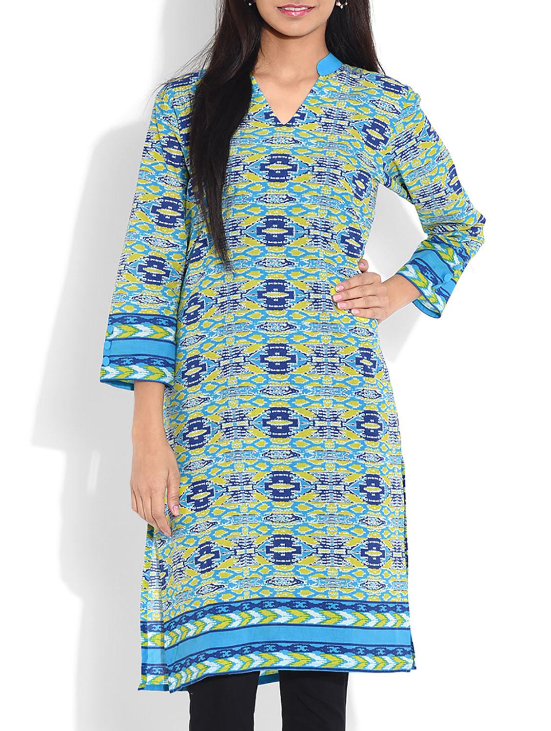 Blue Printed Quarter Sleeved Cotton Kurta - By