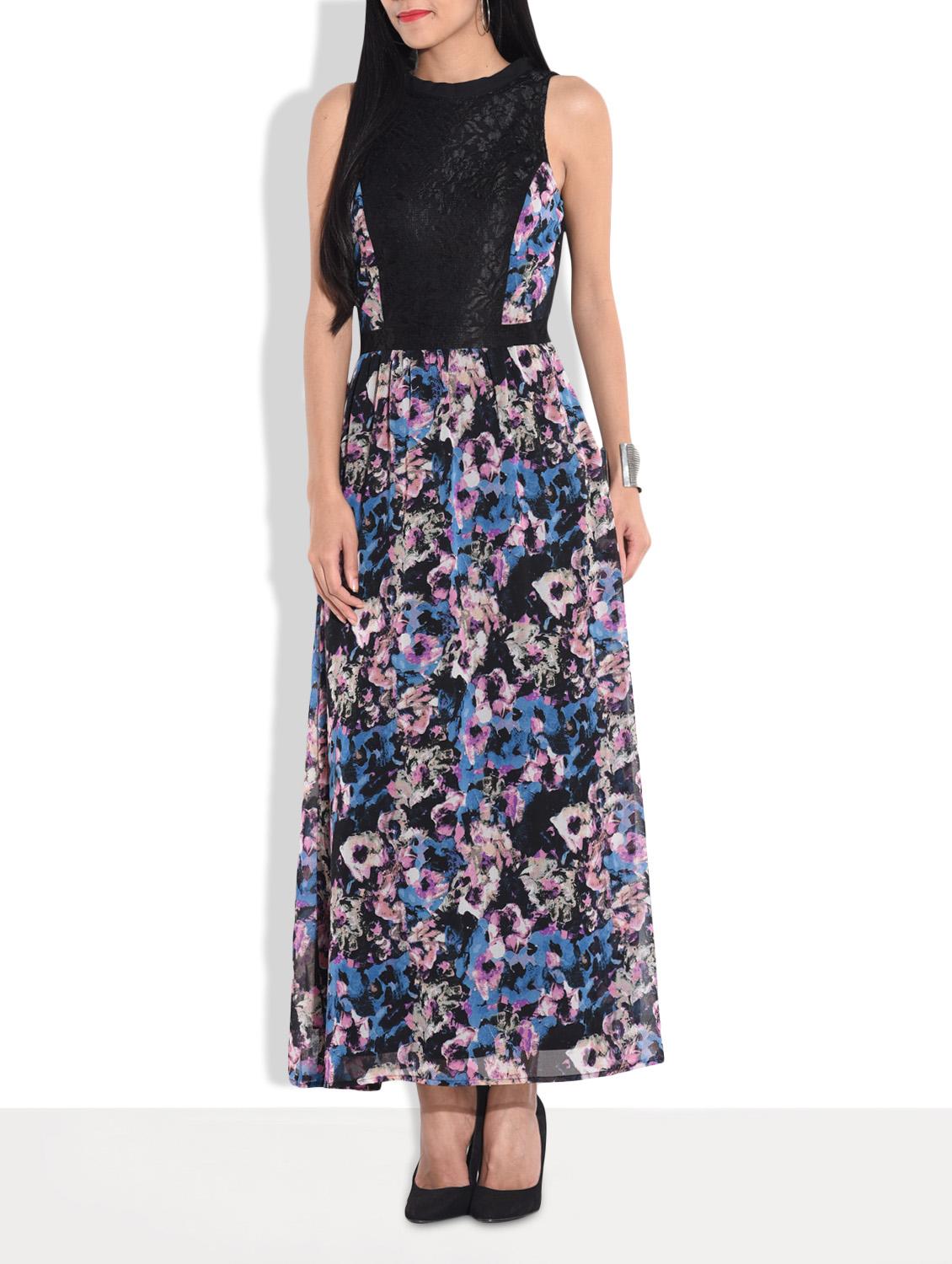 blue printed and lace maxi dress - 9654031 - Zoom Image - 2
