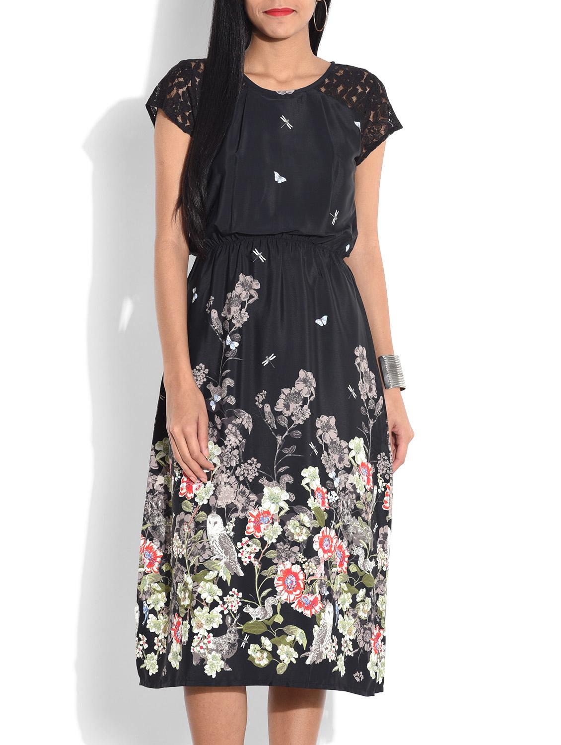 Black Floral Printed Dress With Lace Sleeves - By