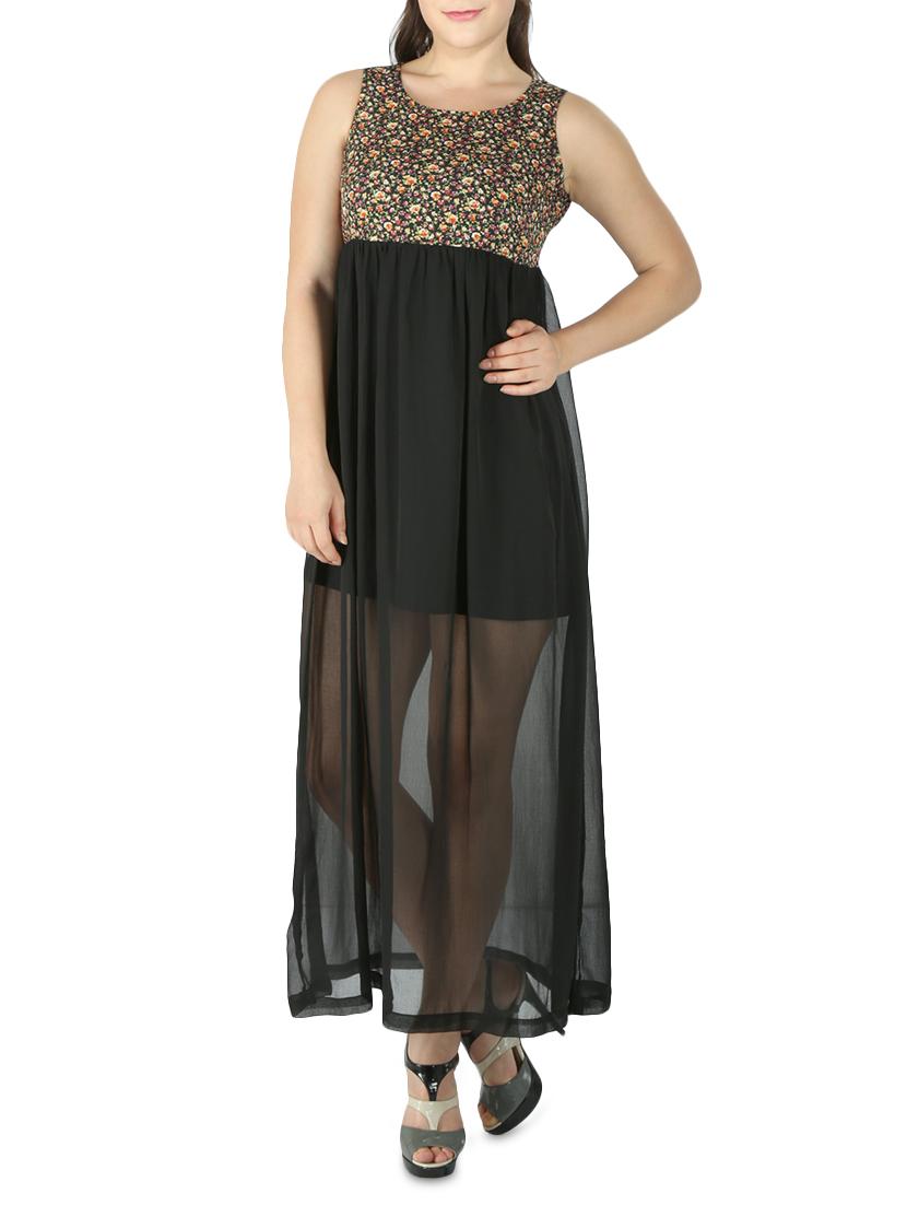Black Floral Printed Chiffon Maxi Dress - By