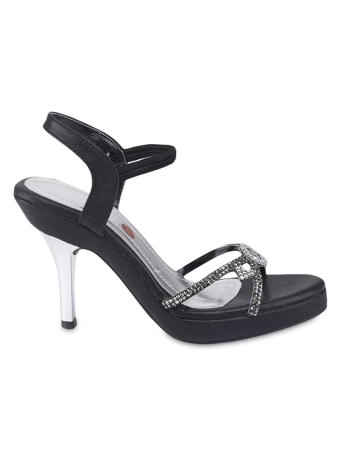 Black Faux Leather Embellished Heeled Sandals - By