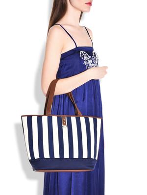 navy blue and white striped leatherette tote - 9659402 - Standard Image - 2
