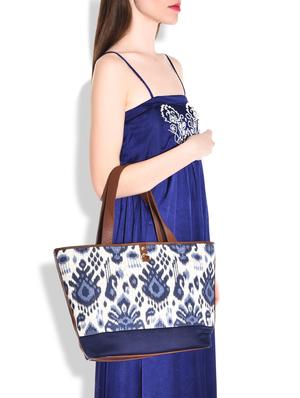 navy blue and off white printed jute and satin tote - 9659404 - Standard Image - 2