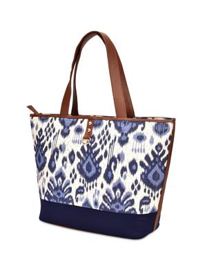navy blue and off white printed jute and satin tote - 9659404 - Standard Image - 5