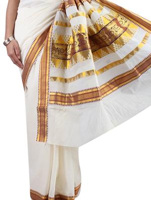 Cream Color Cotton Kasavu Saree with blouse - 9661163 - Standard Image - 2