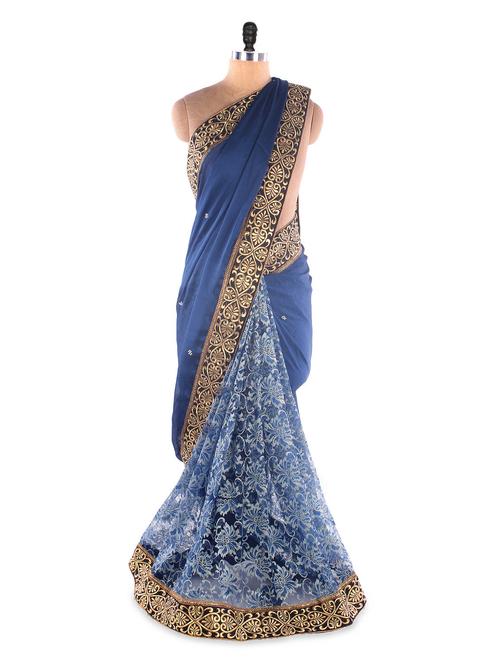 Blue Satin Chiffon & Net Brasso Heavy Border Party Wear Saree - Suchi Fashion