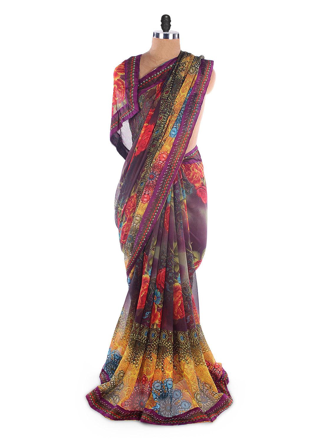 Georgette Printed Saree With Lace Border - Suchi Fashion