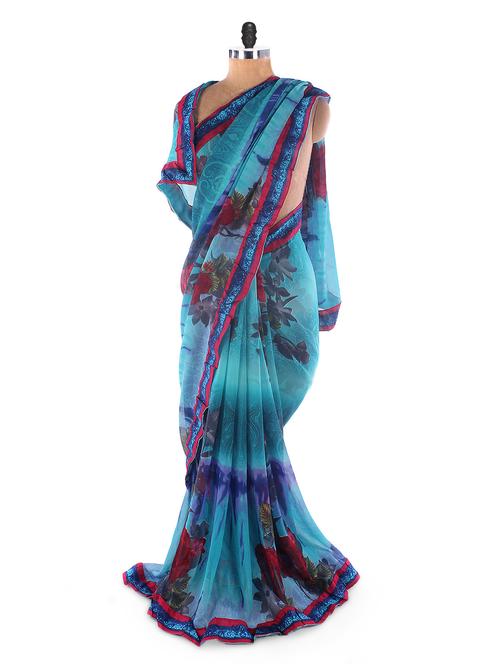 Sky Blue Georgette Printed Saree With Lace Border - Suchi Fashion