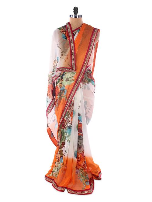 White & Orange Georgette Printed Saree With Lace Border - Suchi Fashion